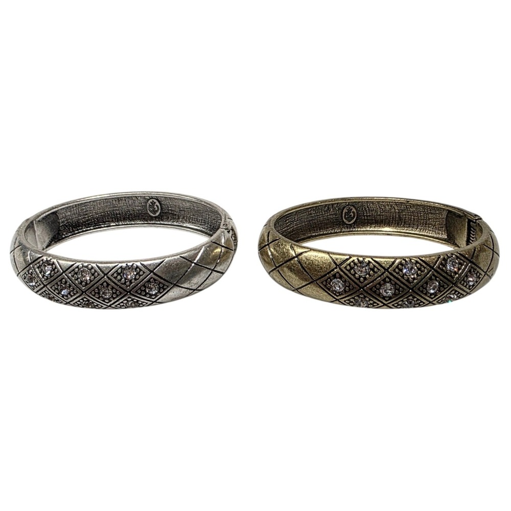 Quilted Hinged Bangle Bracelet Set of 2 Women OS Silver Gold Rhinestone